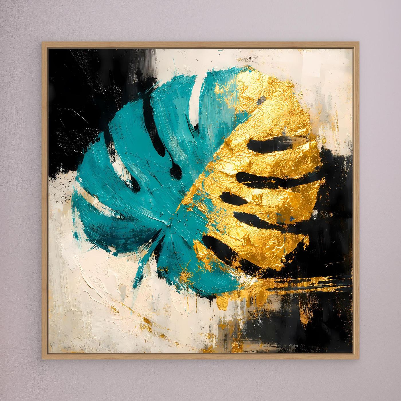 Leinwand Abstraktes Monstera Gemälde in Türkis und Gold | Modernes Botanik Wandbild