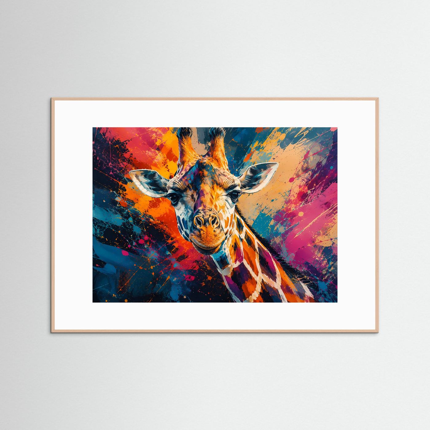 Farbenfrohe Giraffe im Pop-Art Stil | Modernes Tier & Splash-Art Poster im Querformat