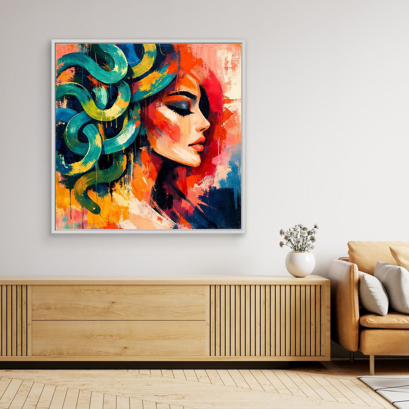 Gerahmtes Leinwandbild mit abstraktem Medusa-Porträt, weißer Rahmen