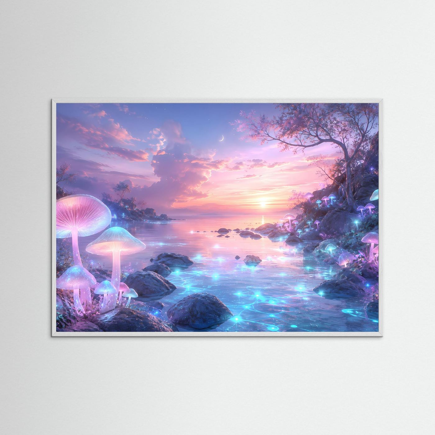 Magischer Pilzwald Poster | Fantasie Landschaft Wandkunst | Leuchtende Pilze am Traumsee | Mystische Fantasy Wall Art | Premium Leinwandbild