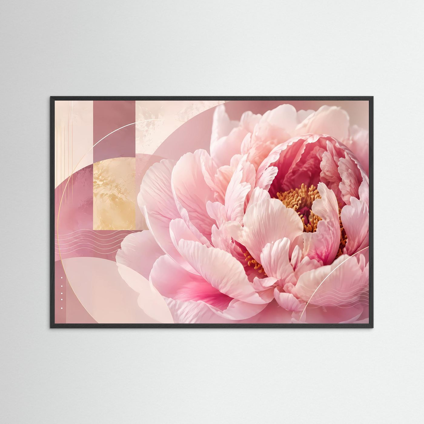 Poster im schwarzen Rahmen mit rosa Pfingstrosen und abstraktem Pastellmuster