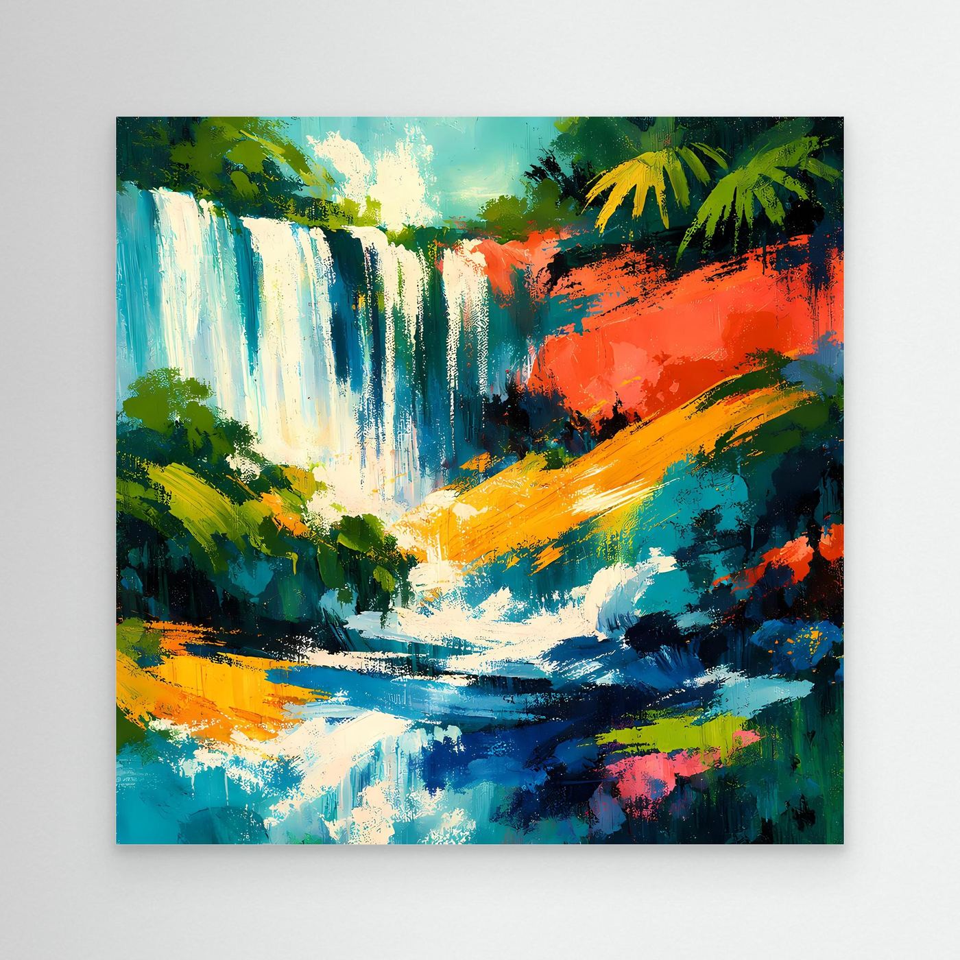 Abstraktes Leinwandbild mit tropischem Wasserfall in Blau-, Grün- und Orangetönen