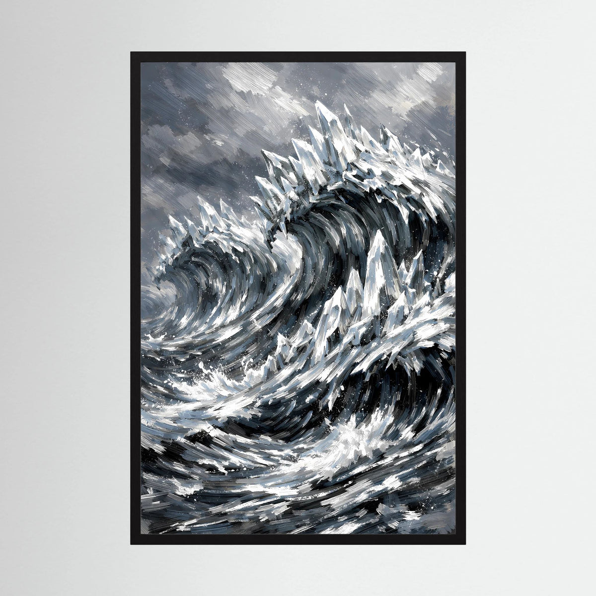 Hochformat-Poster mit schwarzem Rahmen und abstrakter Sturm-Welle in Schwarzweiß-Grau