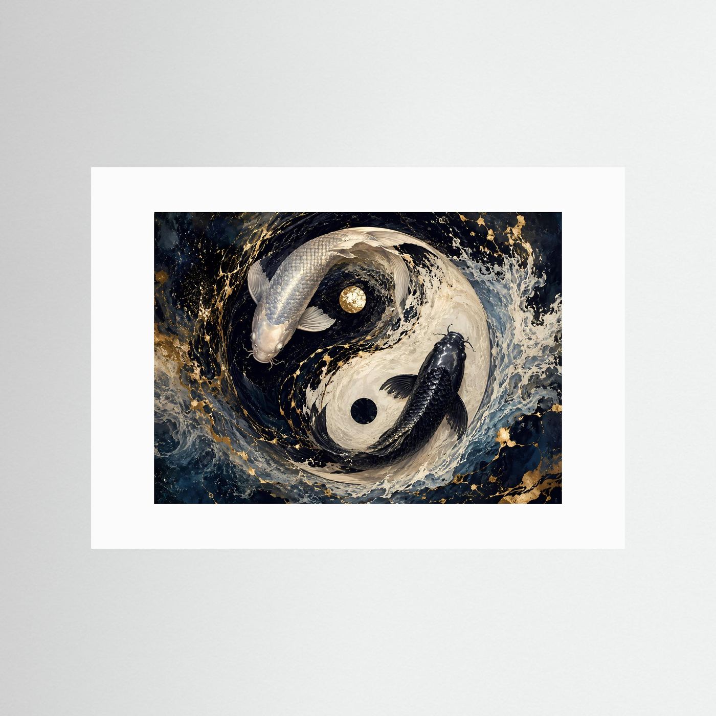 Koi Fische Yin Yang in Schwarz Weiß & Gold | Asiatische Zen Wandkunst