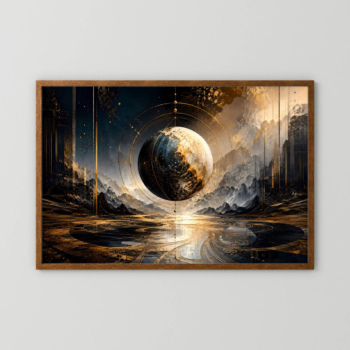 Weltkugel-Poster mit gold-schwarzer Planetensphäre, rechteckig, Holzrahmen (braun)