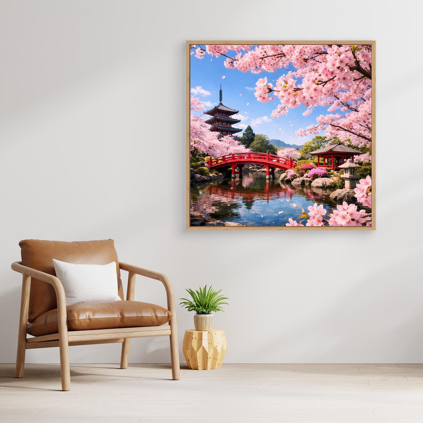 Leinwandbild mit Kirschblüten und roter Brücke, Pagode am Teich, Holzrahmen
