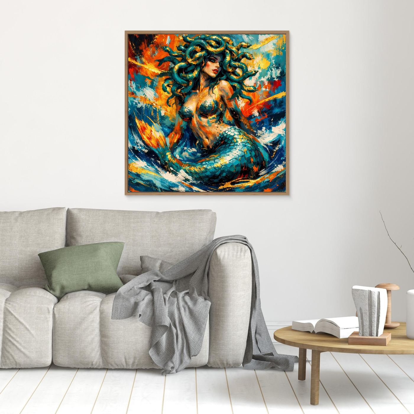 Gerahmtes Leinwandbild mit Medusa-Meerjungfrau, farbige Spritzer und Pinselstriche im Fantasy-Stil