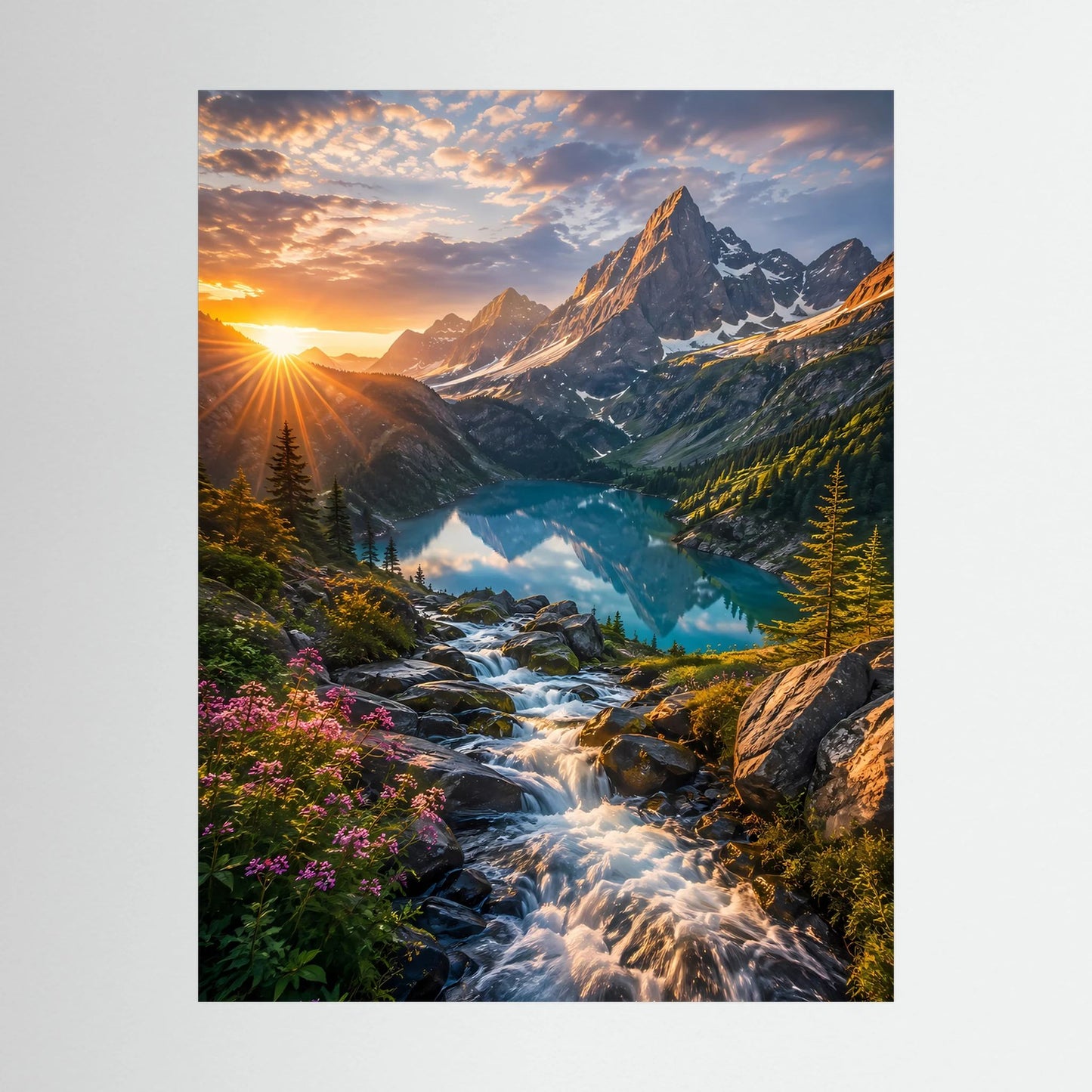 Hochformat-Poster mit Gebirge, türkisblauem See und Wasserfall bei Sonnenuntergang, randnah