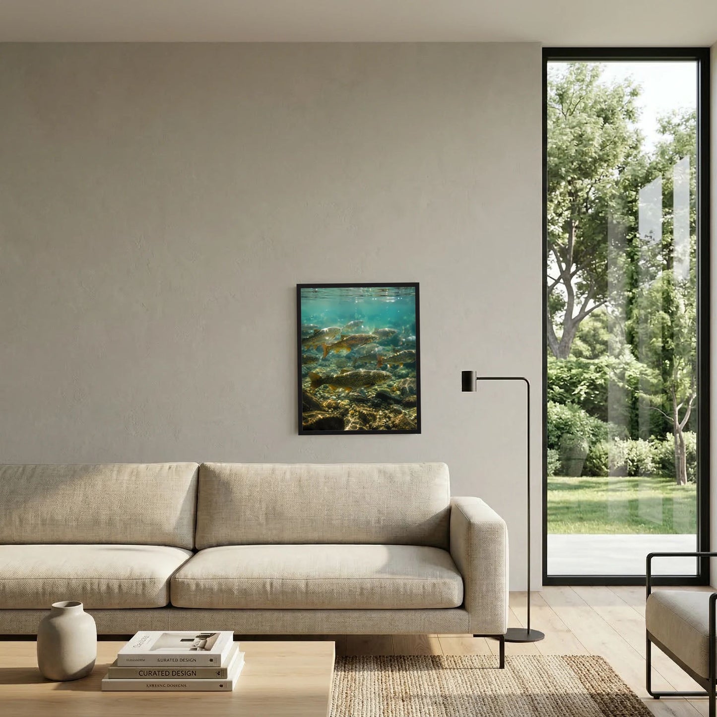 Poster Hochformat an der Wand: Unterwasserforellen zwischen Steinen