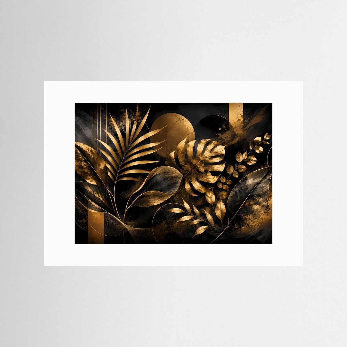 Querformat-Poster mit abstrakten Pflanzenblättern in Schwarz und Gold, mit weißem Passepartout