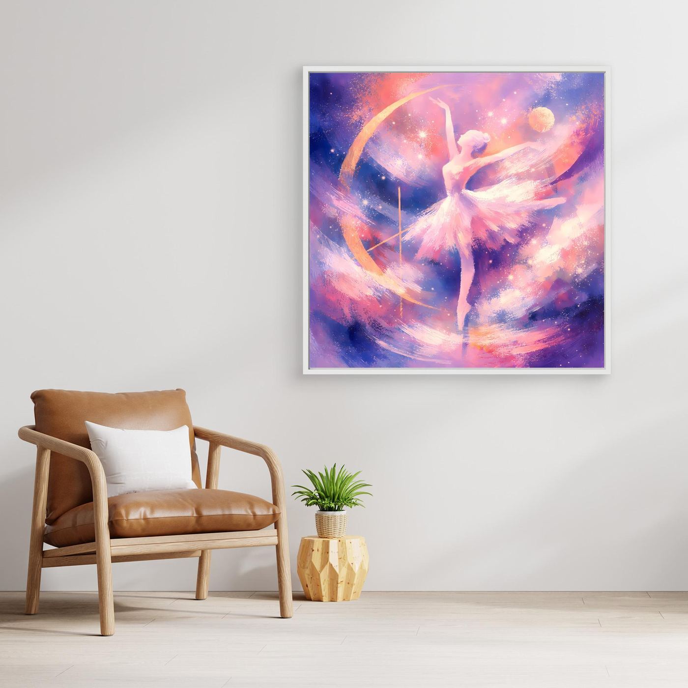 Gerahmtes Leinwandbild mit tanzender Ballerina in pastellfarbenem Sternenhimmel