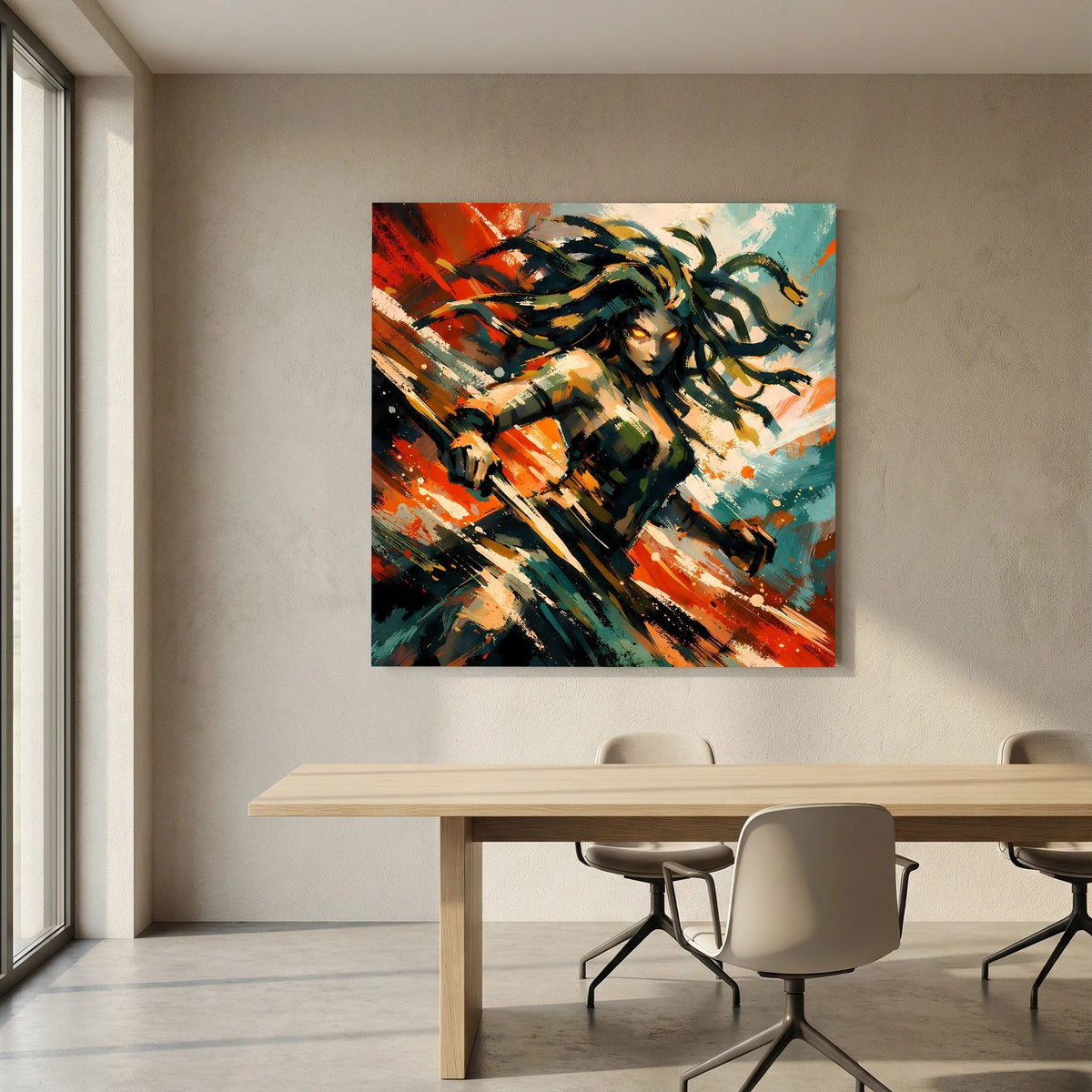 Leinwandbild mit Medusa, Blick nach vorn, Spritztechnik in Orange, Schwarz und Türkis