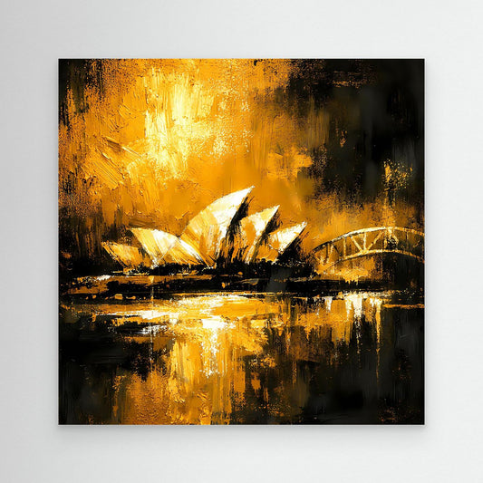 Abstraktes Wandbild mit goldener Lichtwolke, dunklem Himmel und spiegelnder Wasserfläche