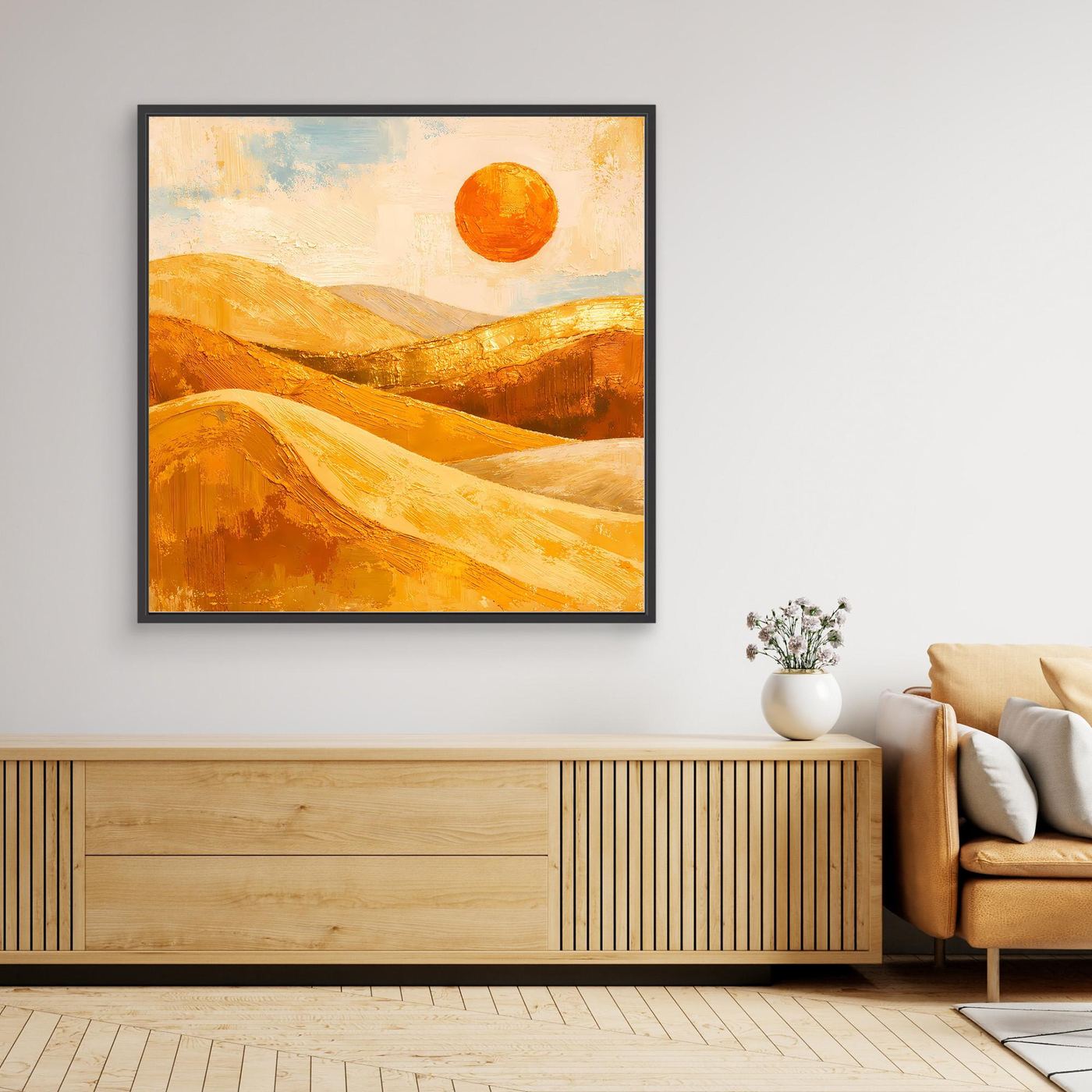 Leinwand-Wandbild Wüste mit goldenen Dünen und orangefarbener Sonne, schwarzer Rahmen
