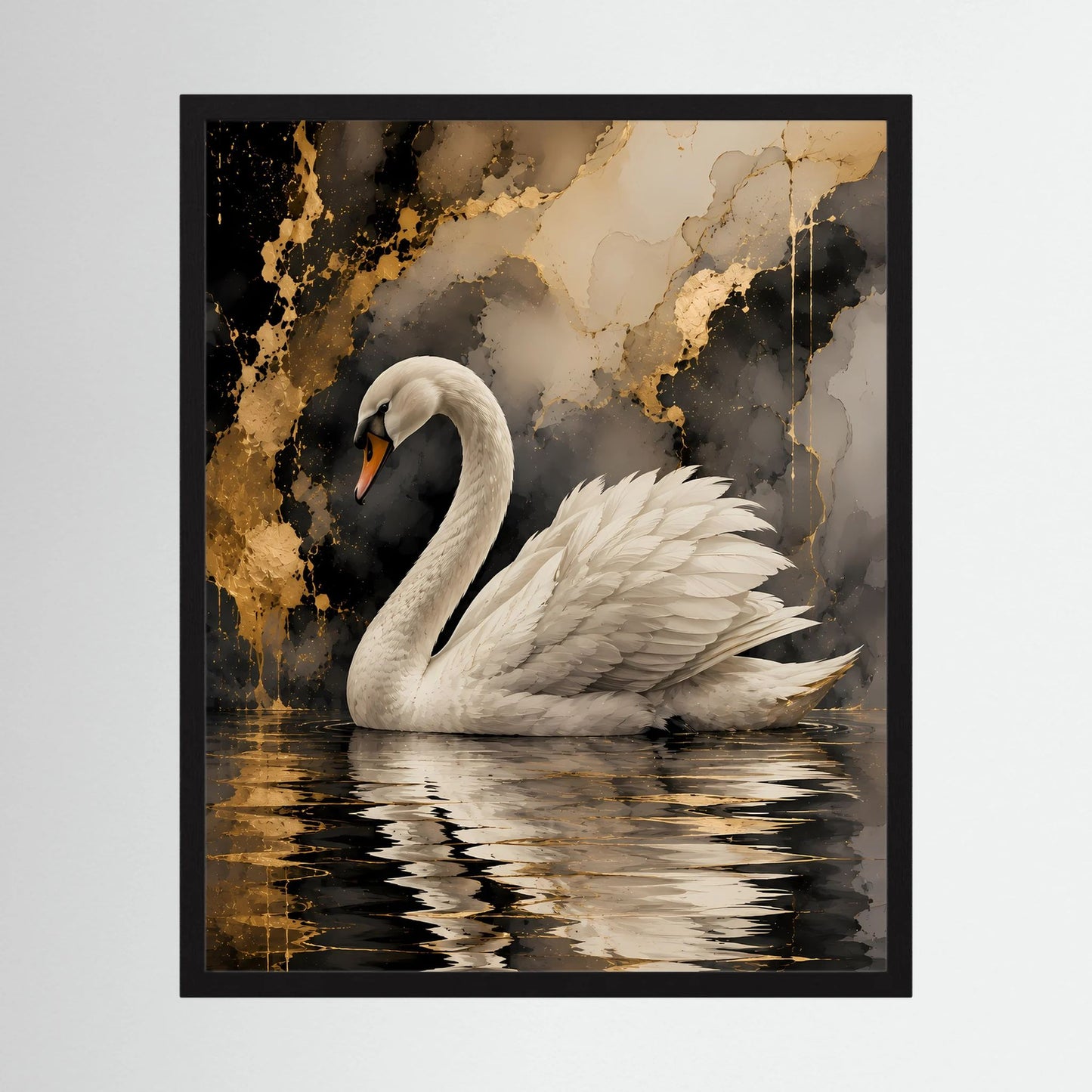 Gerahmtes Poster mit weißem Schwan auf goldenem Wasser, Gold-Schwarz abstrakt, Hochformat