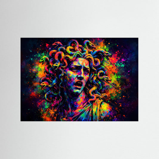 Pop-Art Poster mit Medusa-Gesicht, leuchtende Farben, ohne Rahmen