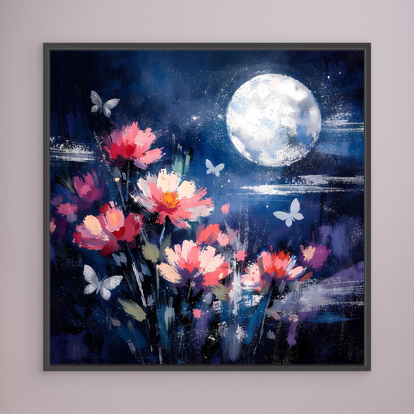 Leinwand-Wandbild mit hellem Mond, pinken Blumen und Schmetterlingen, schwarz gerahmt