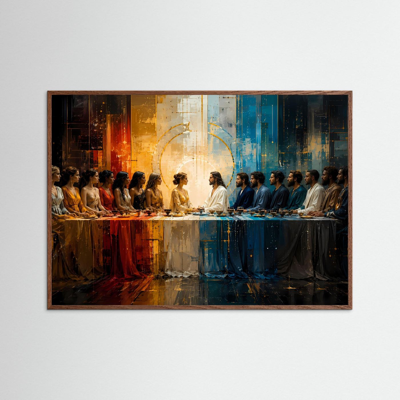 Kunstdruck „Abendmahl“ mit Personen am langen Tisch, brauner Rahmen, rot-blaues Licht