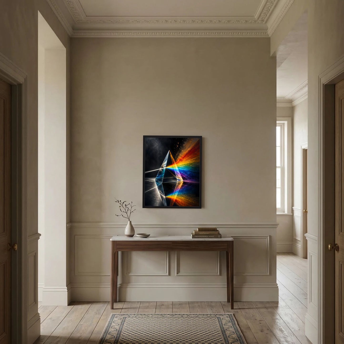 Wandposter im Hochformat mit Regenbogen-Lichtprisma und prismatischem Leuchten auf dunkler Fläche.