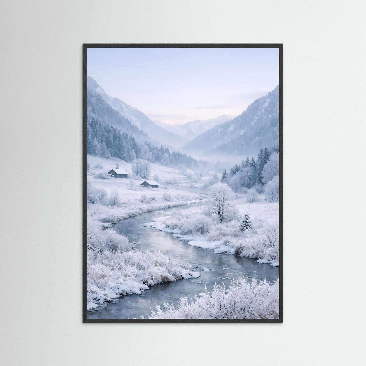 Gerahmtes Wandbild Winteralpen mit verschneitem Flusslauf, schwarzer Rahmen