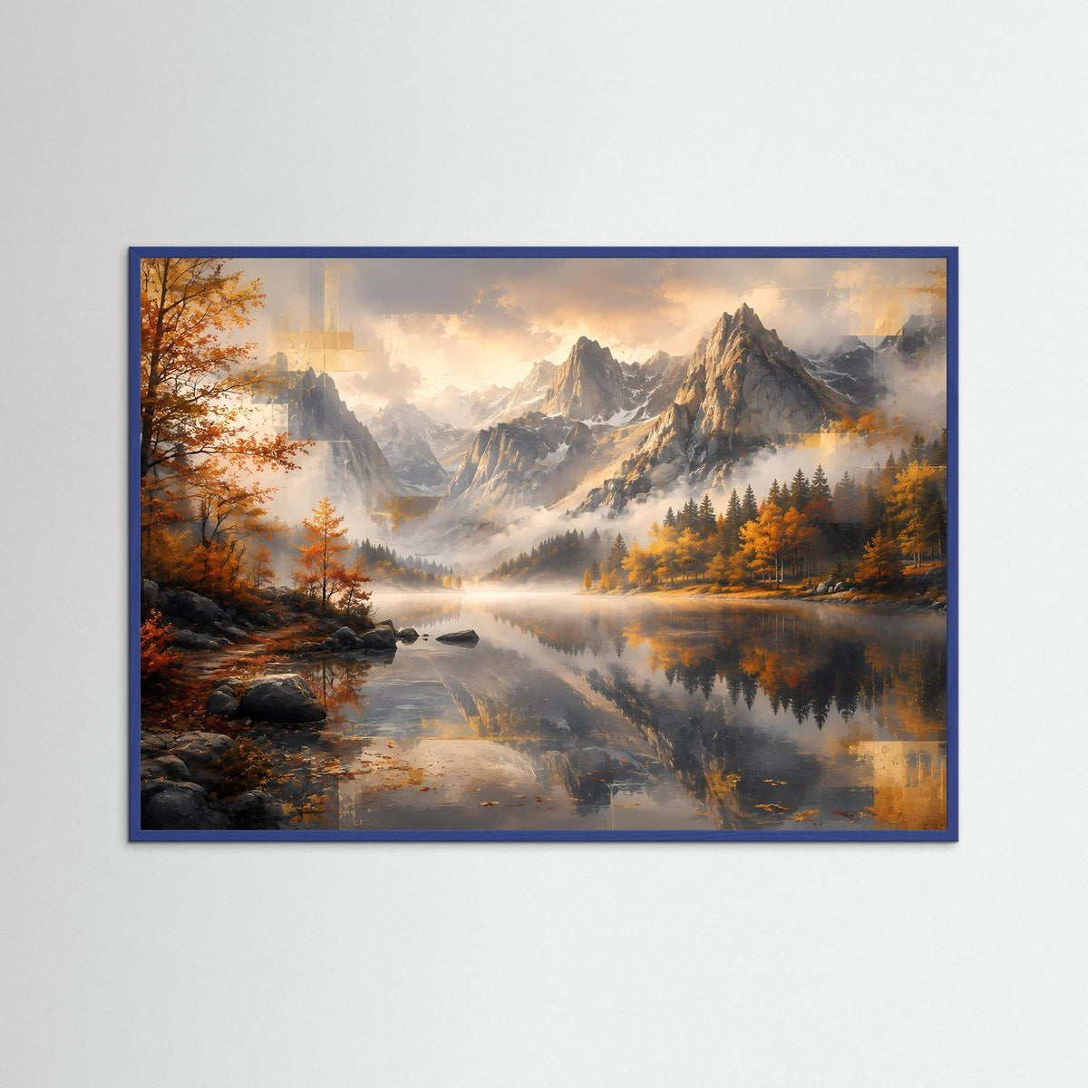 Poster im Querformat mit Berglandschaft und See; blauer Rahmen, Herbstwald und Nebel