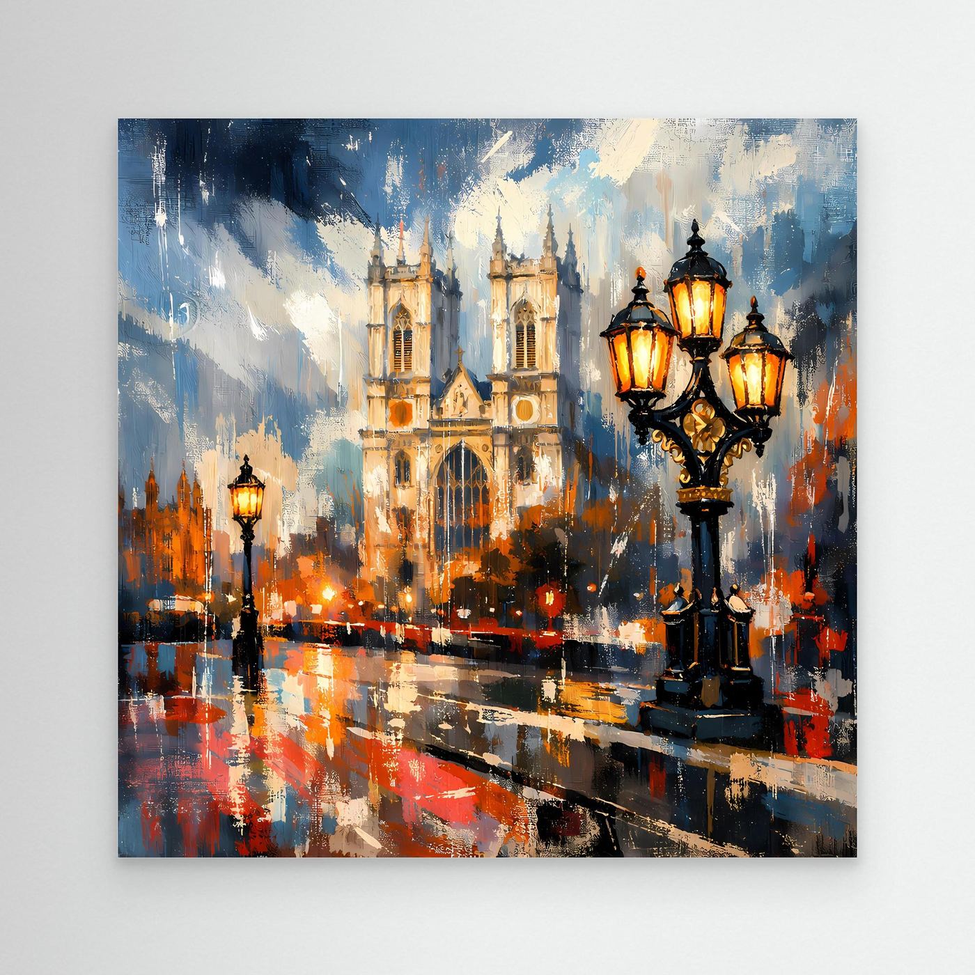 Abstraktes Leinwand-Wandbild mit Kathedrale und Laternen im Regen, ohne Rahmen.