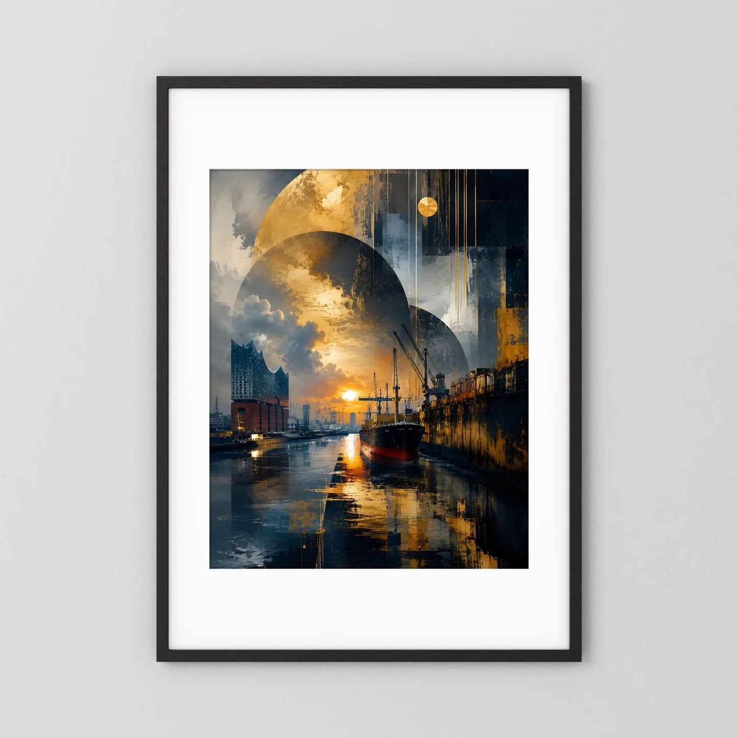 Poster im Hochformat mit abstraktem Hafenmotiv in Gold und Dunkelblau, schwarzer Rahmen