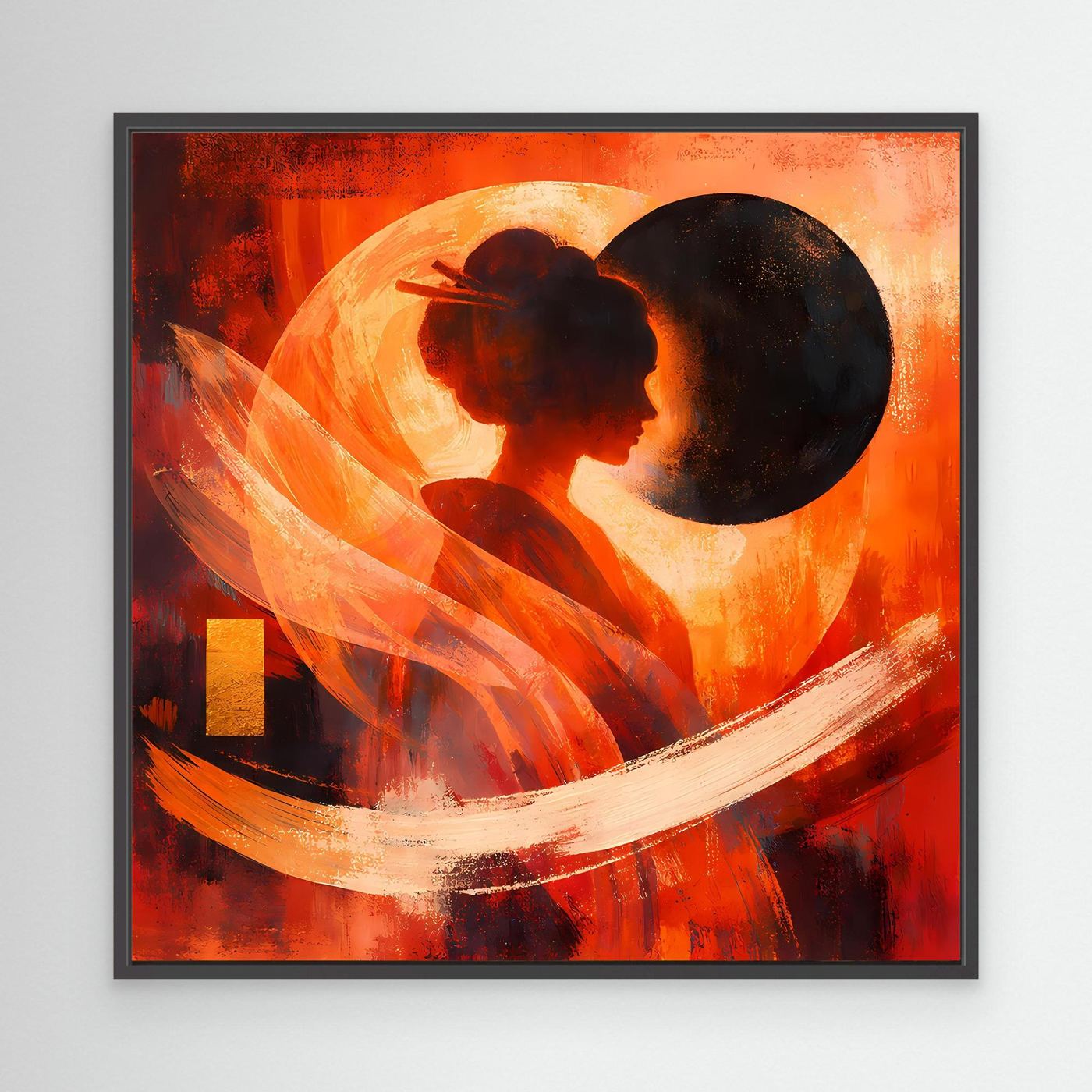 Leinwandbild mit Geisha-Silhouette und großer dunkler Kreisform, schwarzer Rahmen