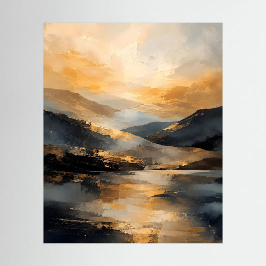 Kunstposter (Hochformat) mit abstrakter Berglandschaft in Gold, Schwarz und Creme, ungerahmt.