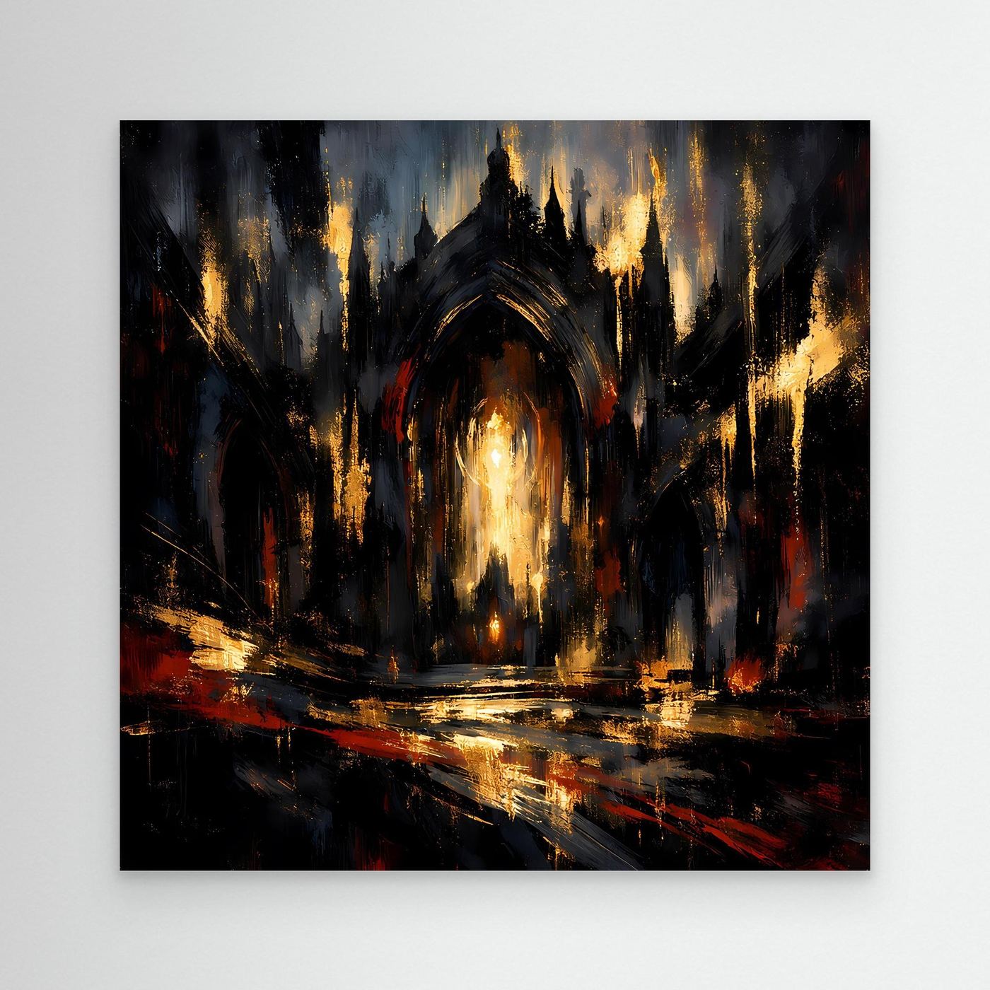 Abstraktes Leinwandbild: gotische Kathedrale, dunkel, mit goldenen Lichtakzenten.