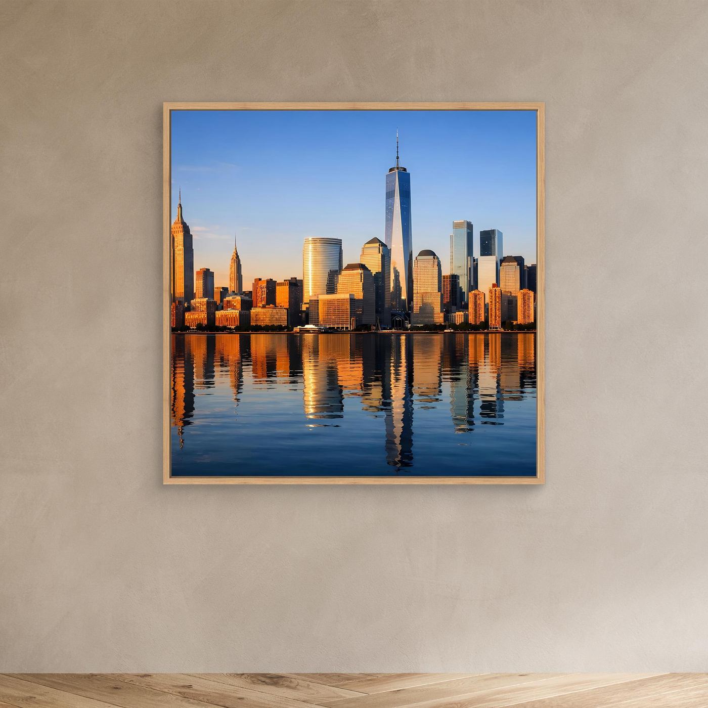 Leinwand-Wandbild im Eichenrahmen mit New-York-Skyline bei Sonnenuntergang und Wasserreflexion