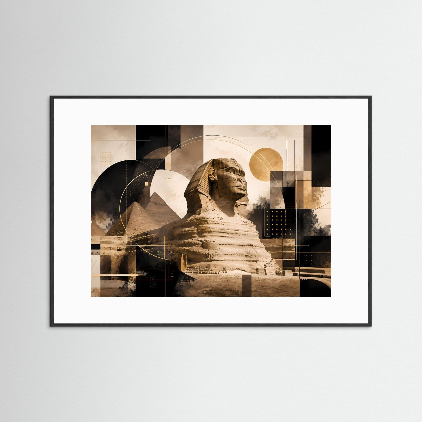 Querformat-Poster mit Sphinx und Pyramiden im weißen Rahmen, beige und gold