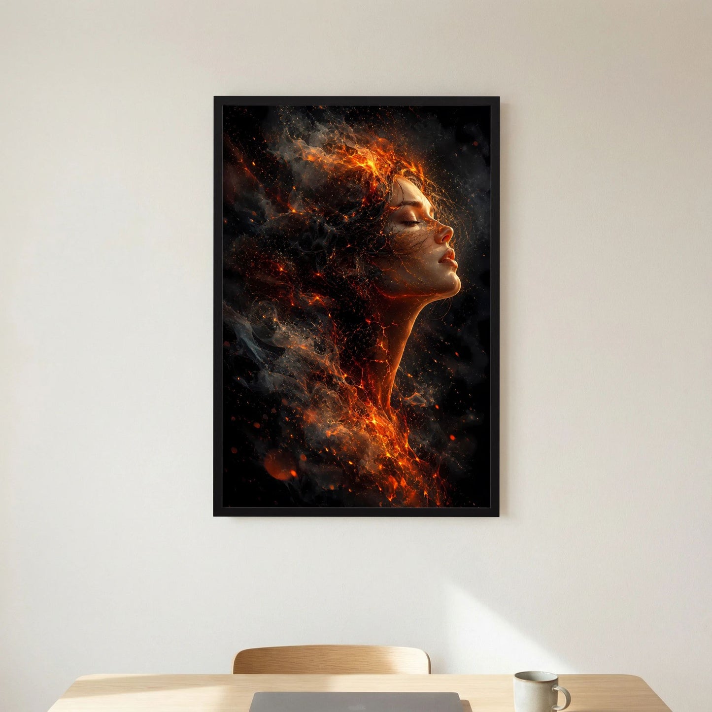 Hochformat-Poster mit Frauenprofil in Flammen und Glut, schwarzer Rahmen
