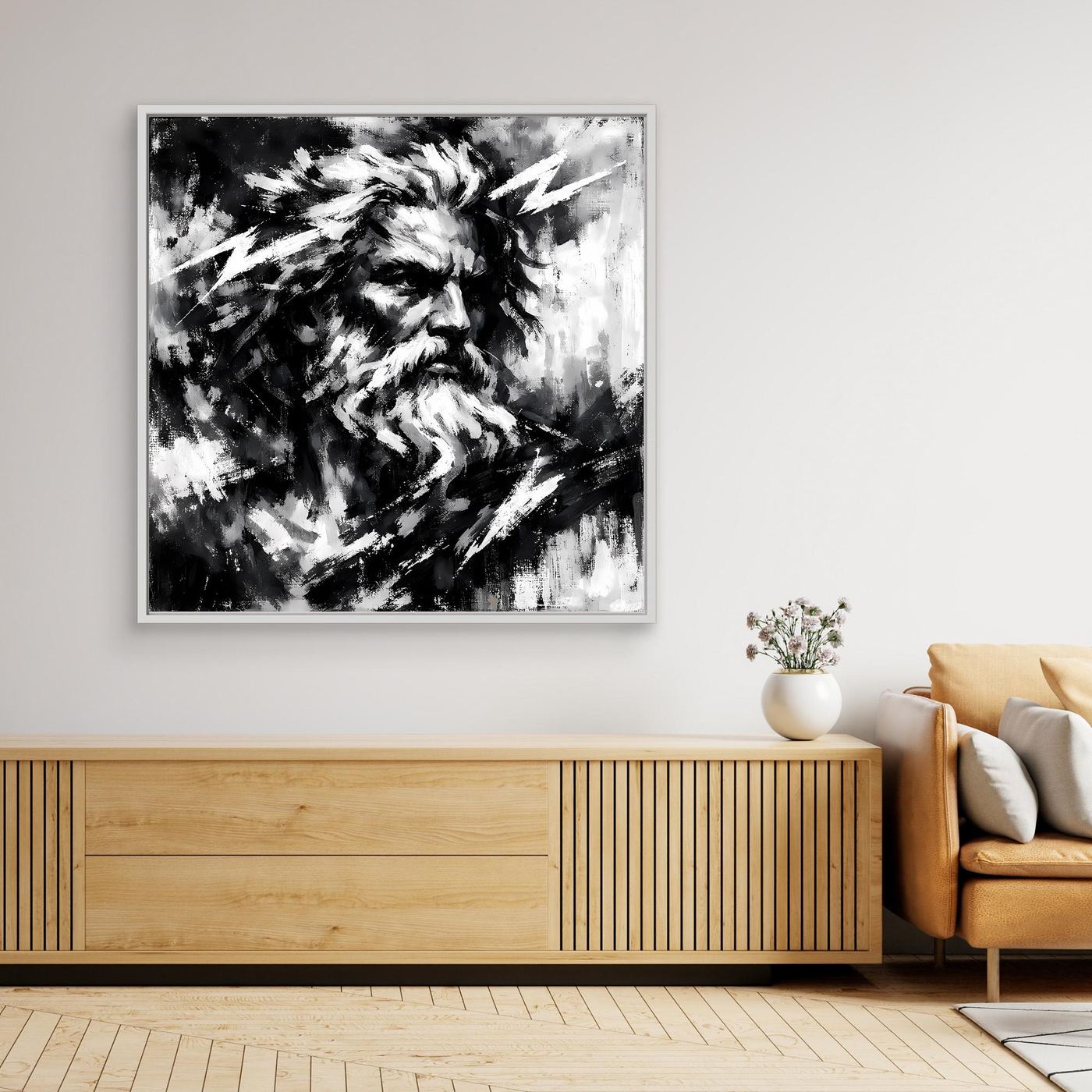 Black-and-white abstract Zeus wall art, bearded profile, light gray frame