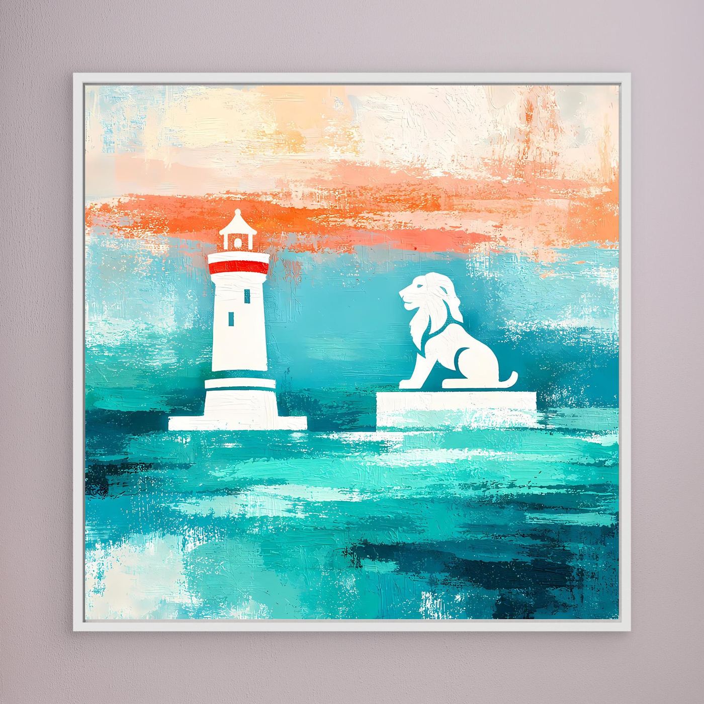 Leinwand Maritimer Leuchtturm und Löwe | Abstraktes Küsten Wandbild Lindau