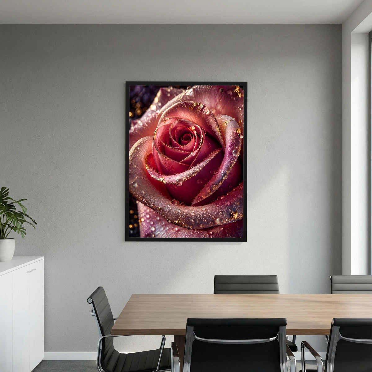 Hochformatiges Poster mit konzentrierter Rosenblüte in dunklem Rot, goldene Punkte und Tropfen.