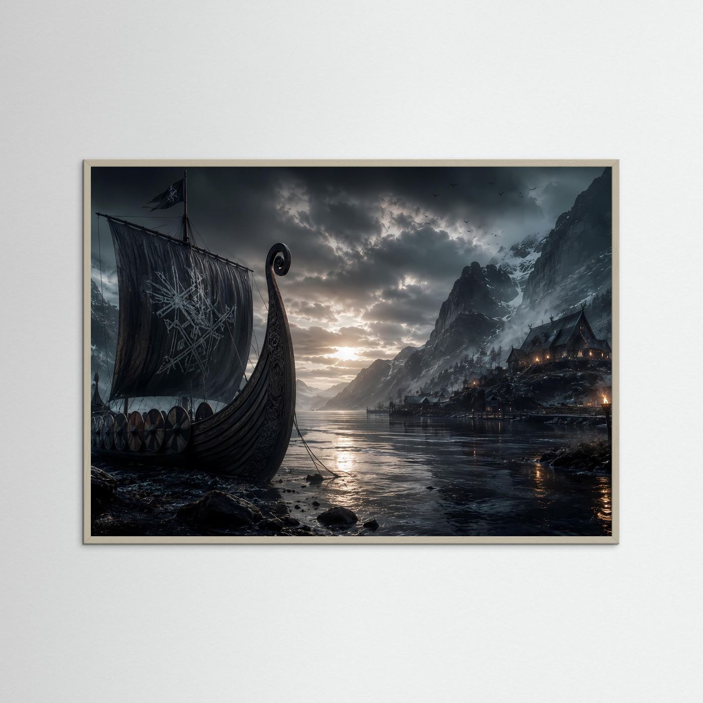 Wikinger im Fjord | Mystisches Langschiff zwischen Bergen – Nordische Wandkunst