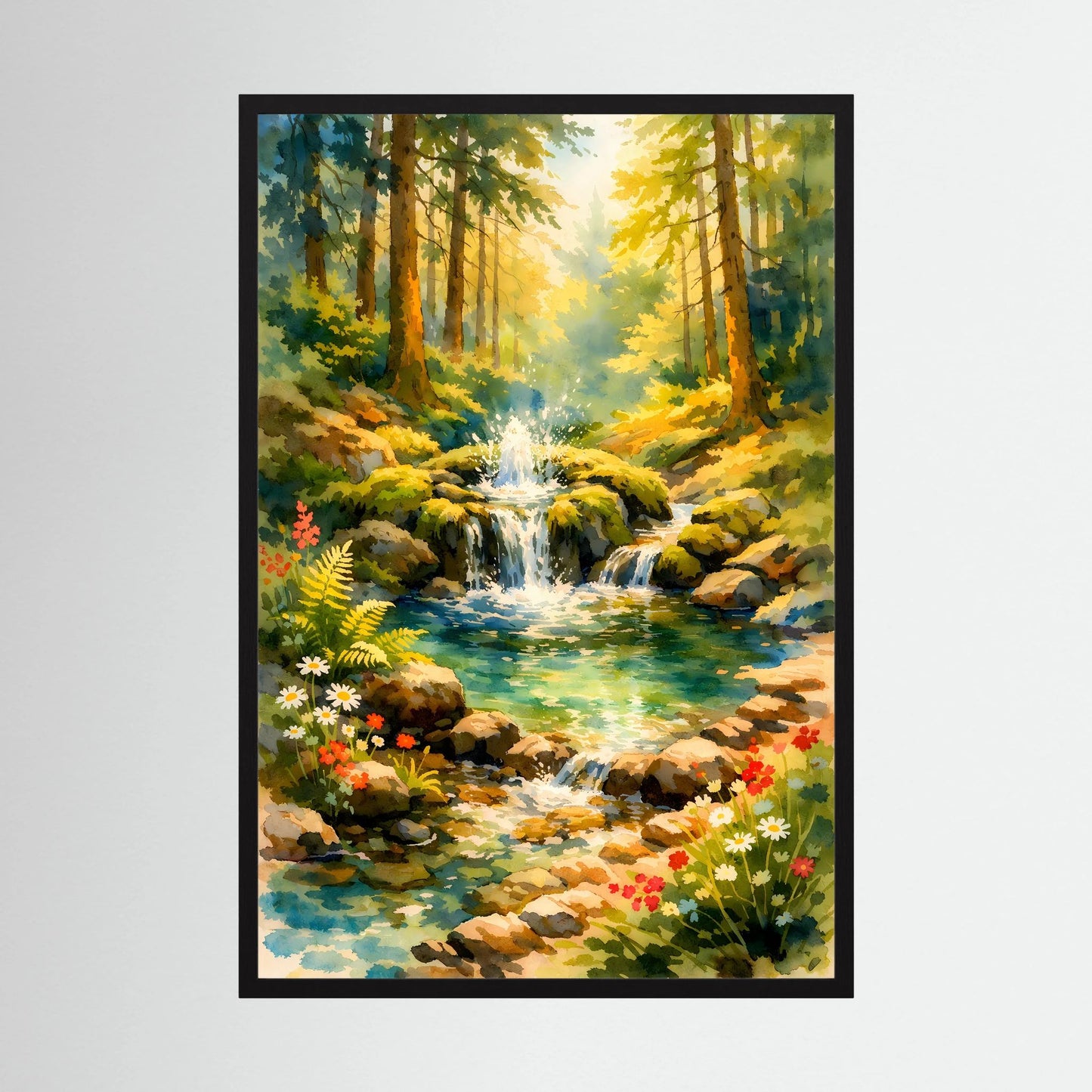 Hochformatiges Poster: Aquarell-Wald mit Wasserfall, Bach und Blumen, schwarzer Rahmen.