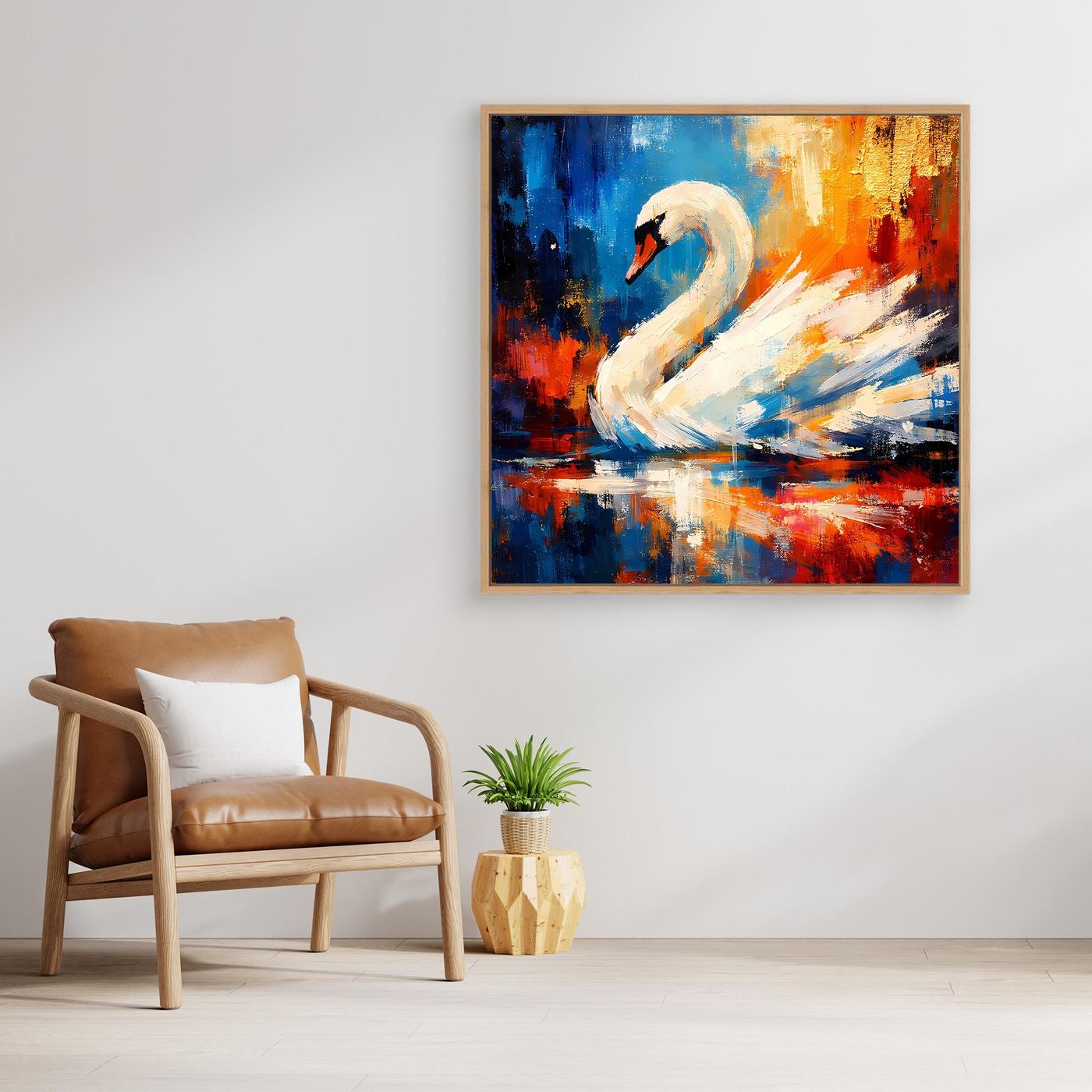Leinwandbild mit weißem Schwan im abstrakten Blau-Orange-Motiv, goldbraun gerahmt