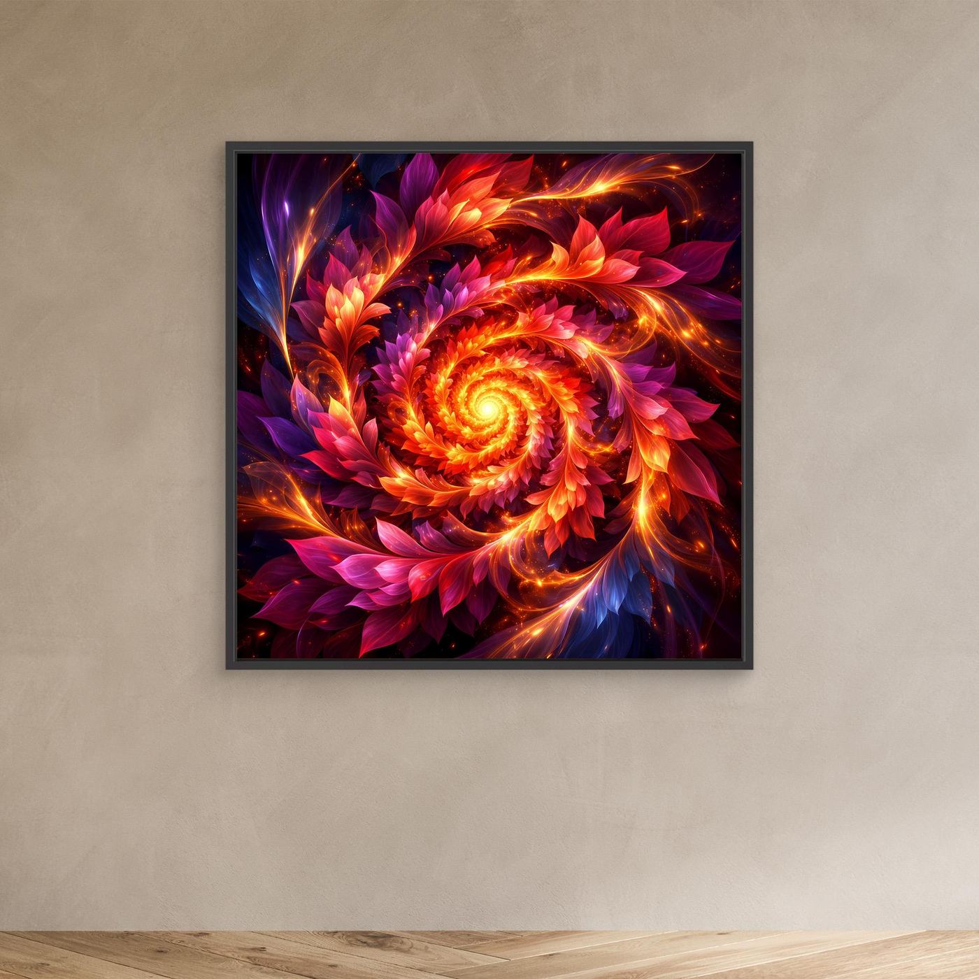 Abstraktes Leinwandbild mit feuriger Spirale und schwarzem Rahmen, zentraler Wirbel