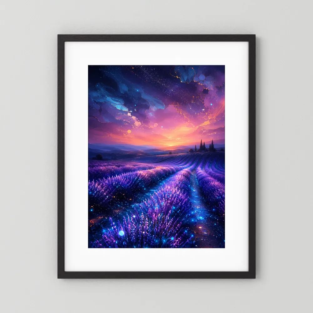 Poster im Hochformat mit leuchtendem Lavendelfeld, schwarzer Rahmen mit weißem Rand