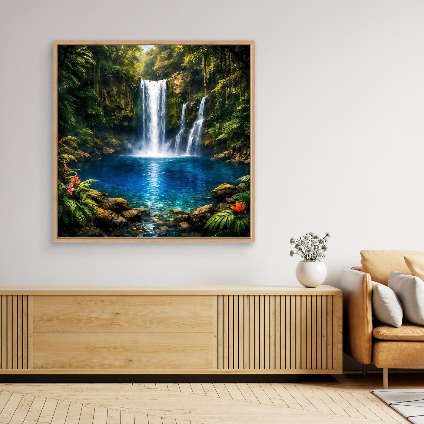 Leinwandbild mit Wasserfall im Dschungel und türkisfarbenem Becken im hellen Holzrahmen