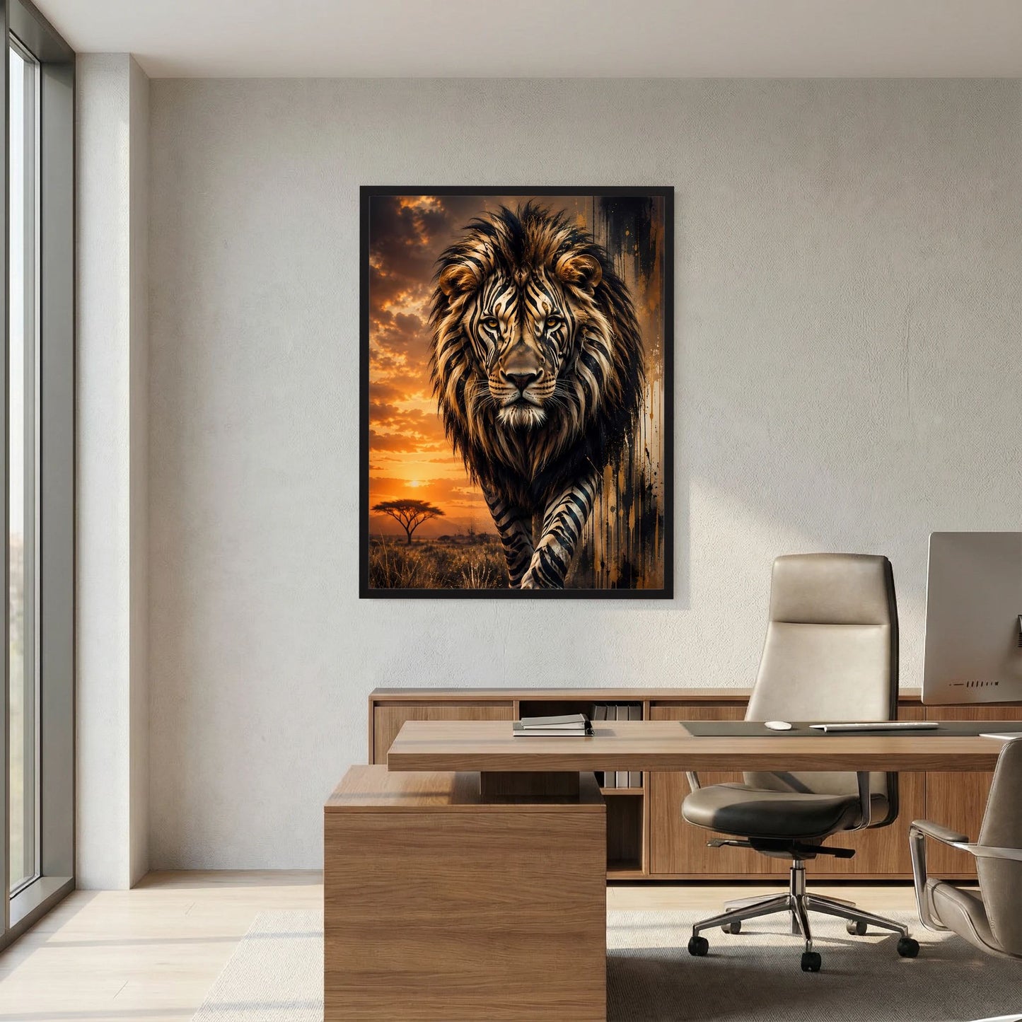 Löwen-Poster im schwarzen Rahmen: Zebramuster-Löwe über Savanne bei Sonnenuntergang.