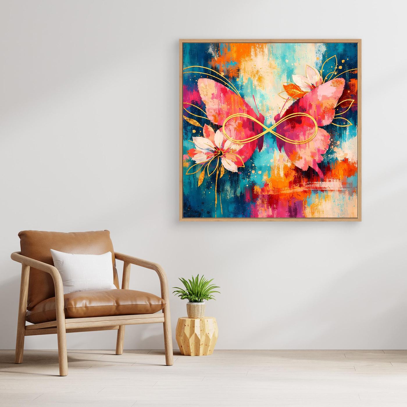 Quadratisches Leinwandbild mit goldfarbenem Rahmen: Schmetterlinge, Unendlichkeitsschleife, Blüten