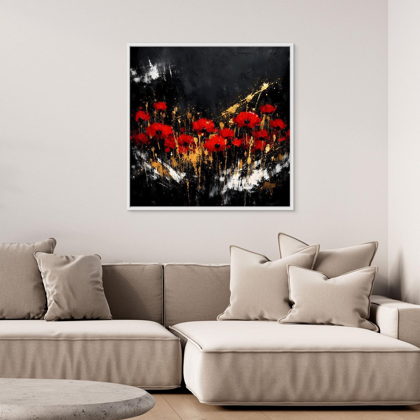 Leinwand Rote Mohnblumen mit Gold-Akzenten | Modernes Florales Wandbild Abstrakt