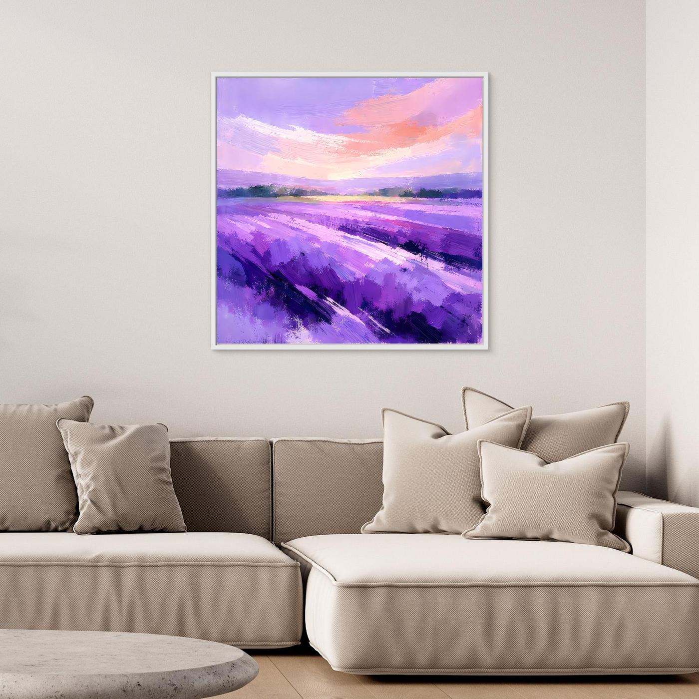Leinwand Abstraktes Lavendelfeld im Abendlicht | Modernes Provence Wandbild Lila