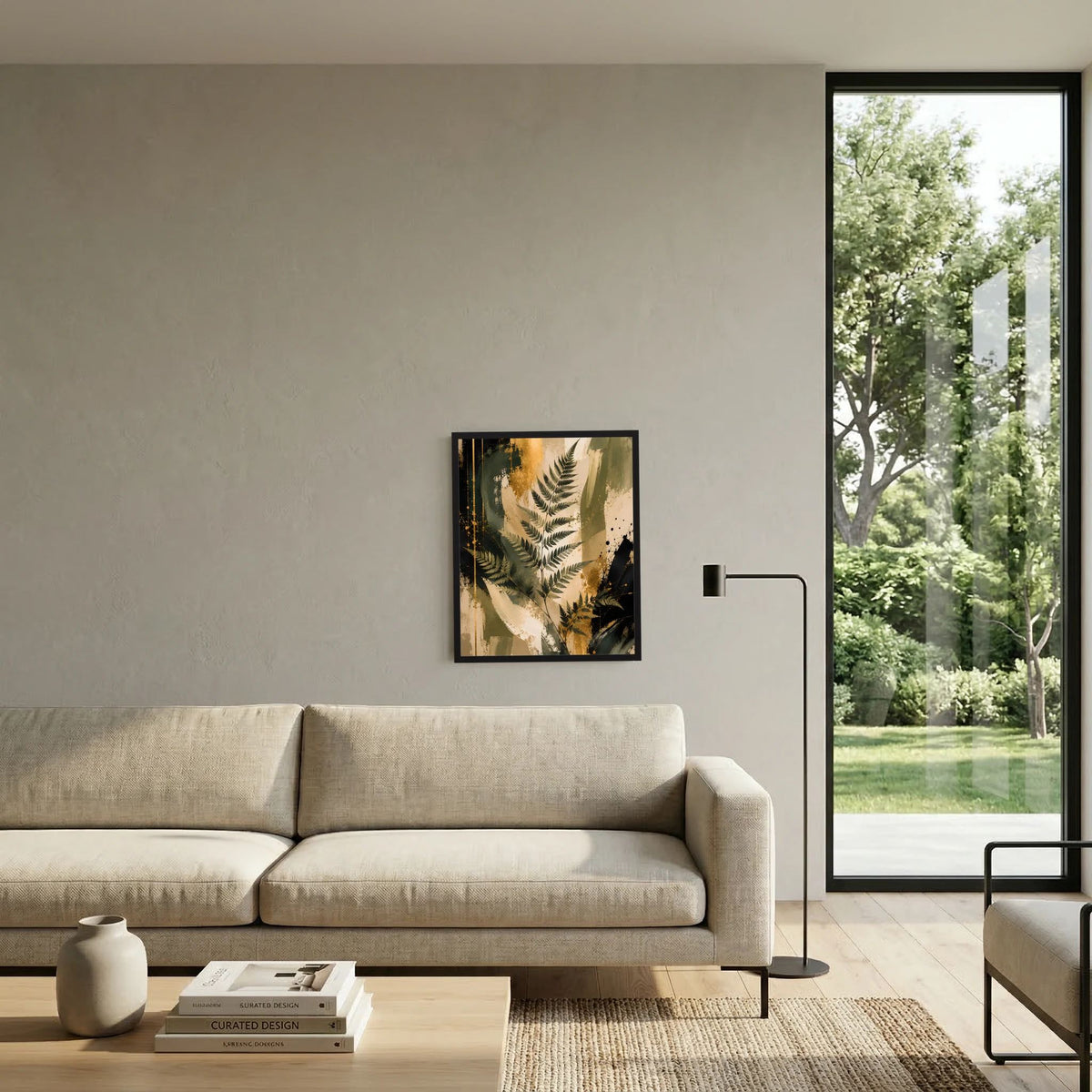 Gerahmtes Kunstposter mit Farnblättern in Grün und Gold, abstrakte Naturkunst