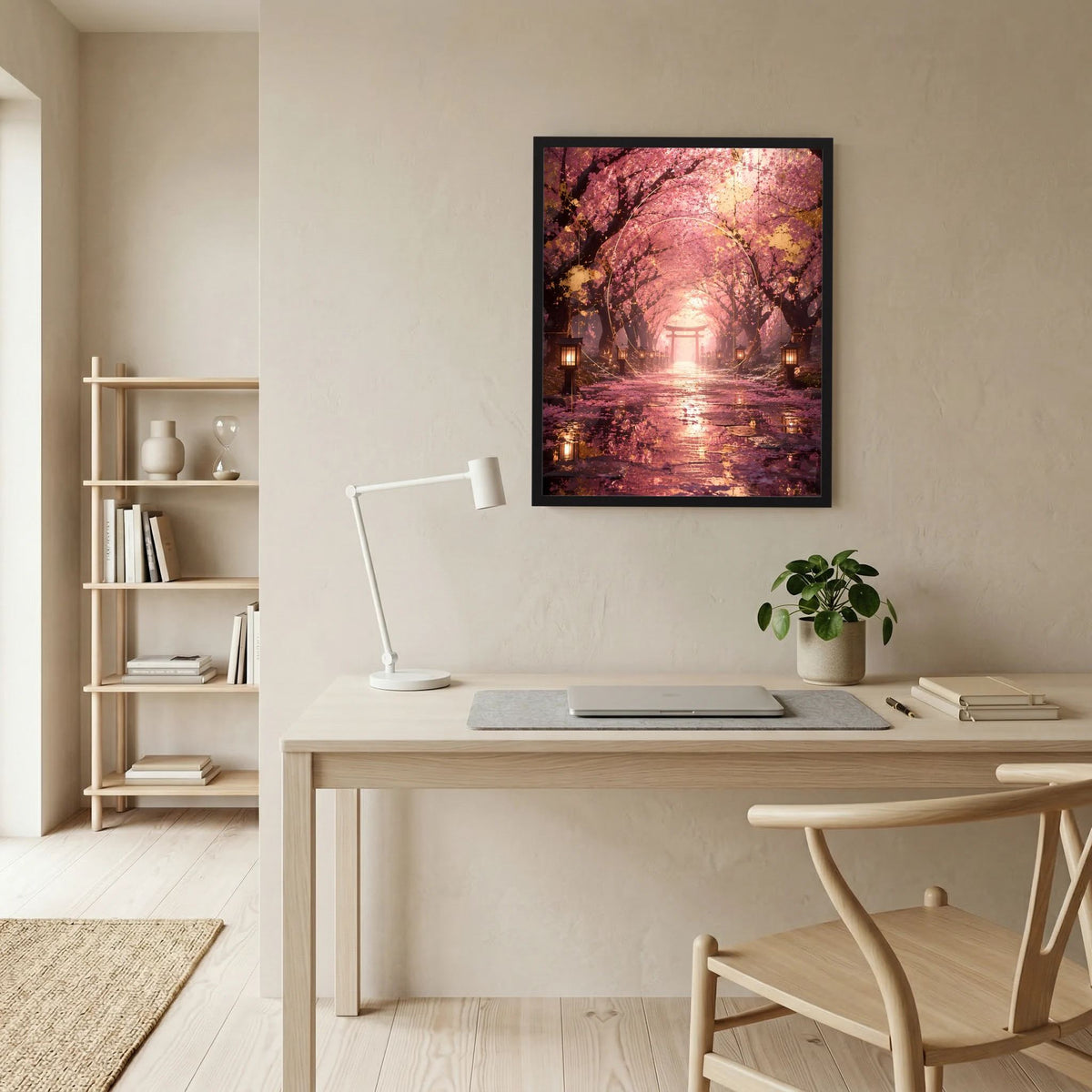 Gerahmtes Poster im Hochformat: rosa Kirschblütenallee mit Torii-Tor und Laternen