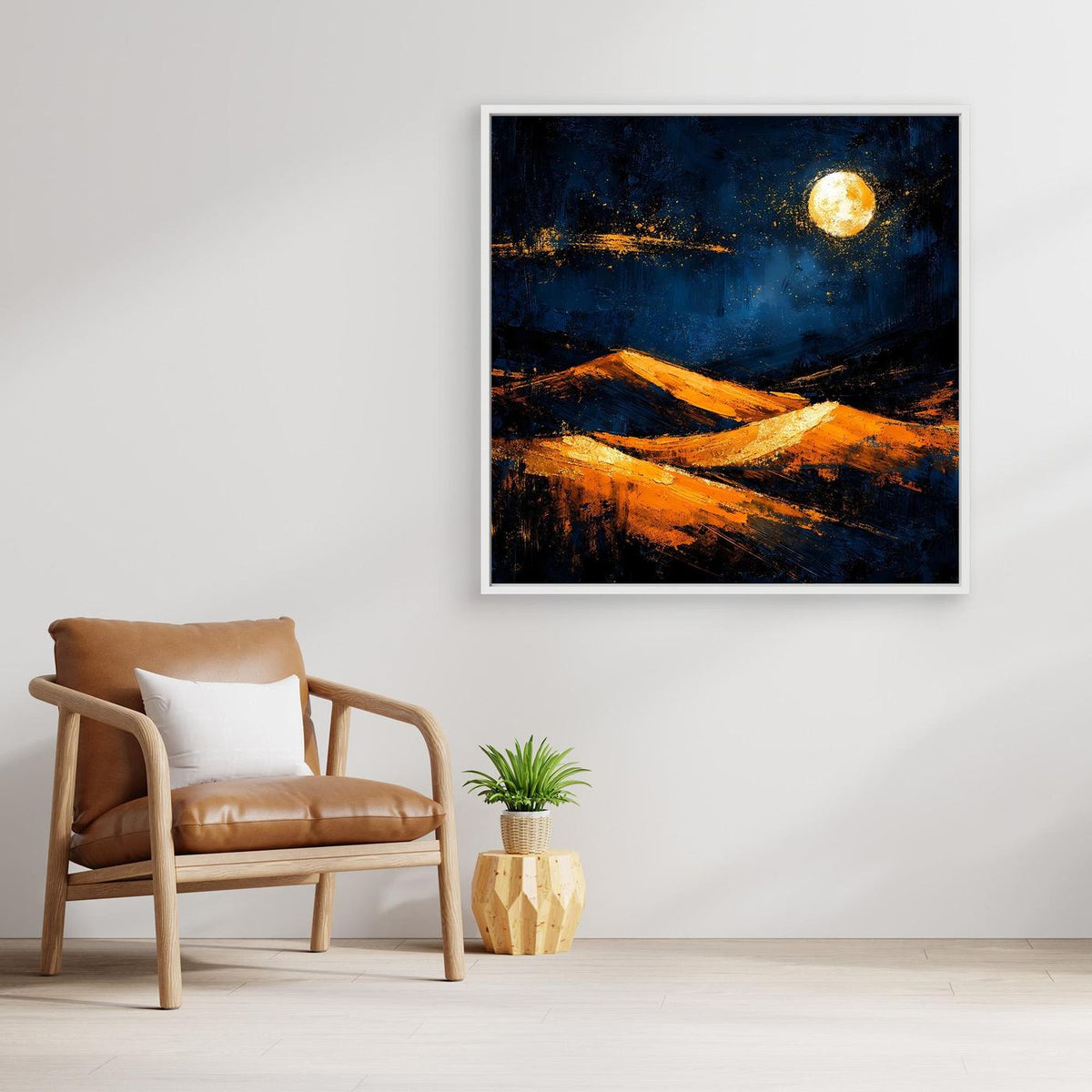 Leinwand-Dünenbild im weißen Rahmen: dunkelblau, goldener Mond, ockerfarbene Pinselzüge