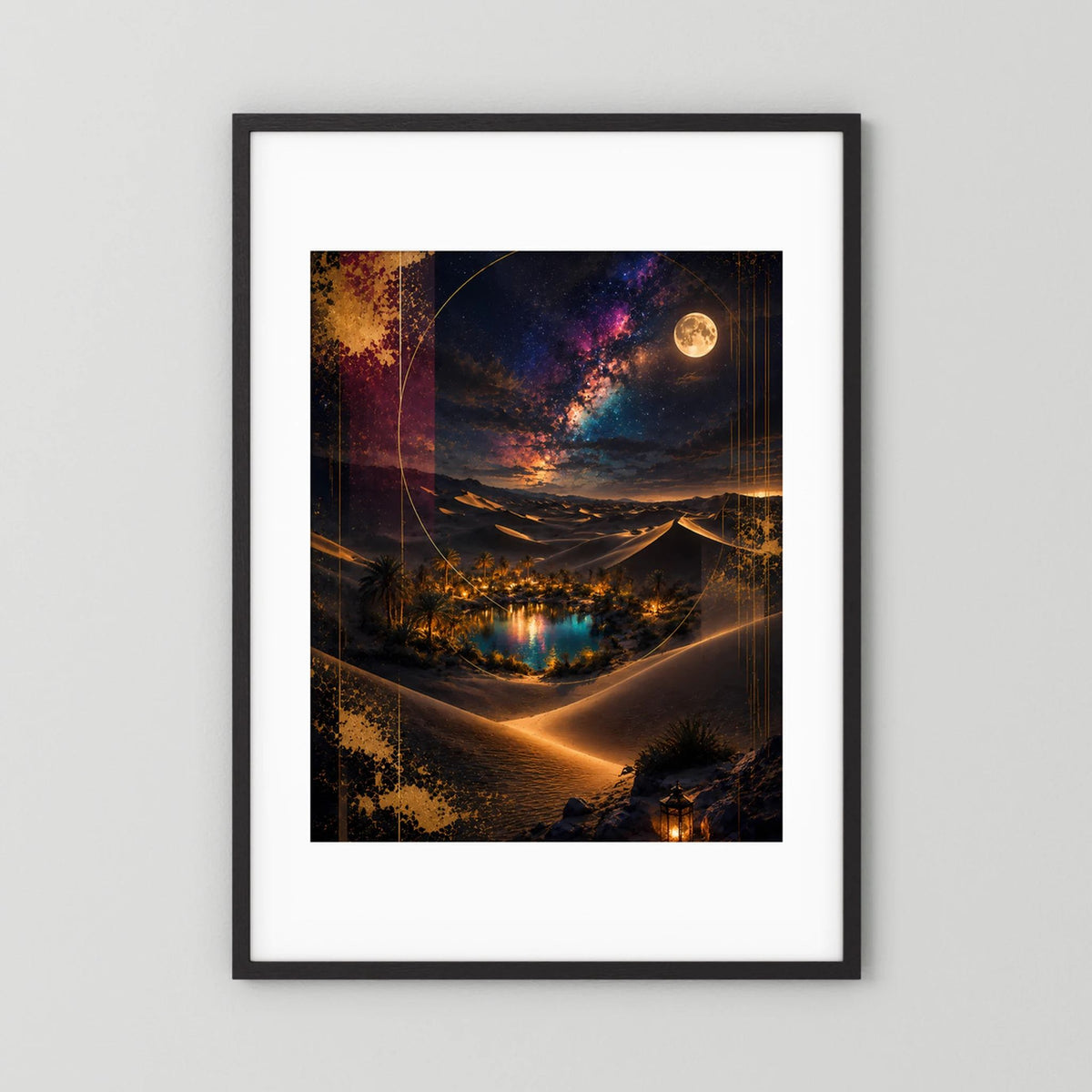 Hochformat-Poster mit schwarzem Rahmen und weißem Rand: Vollmond über Wüstenoase